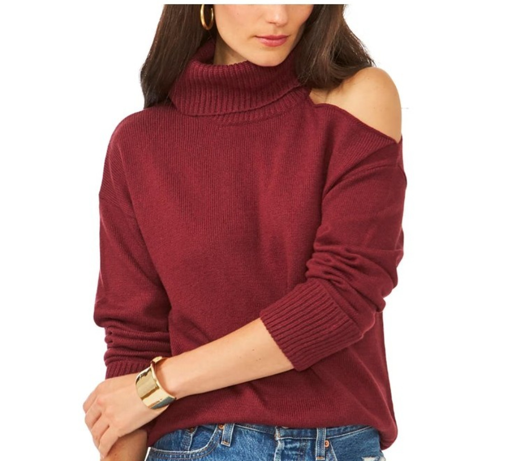 NWT 1 State Cold Shoulder Turtleneck Sweater Burgundy Wine Edgy Chic Size S